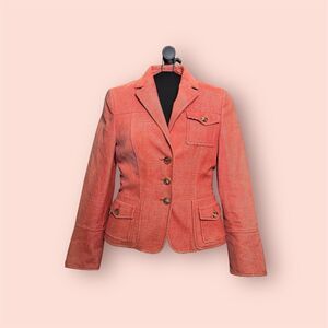 Akris Blazer Jacket Women 6 Button Up Corduroy Crop Orange Coral Collared Camel